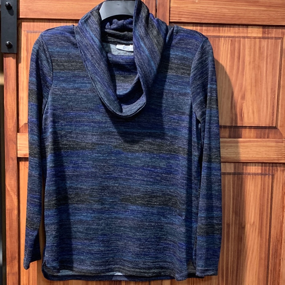 Kohl’s navy and black stripe poly top w cowl neck, very stretchy, oversized